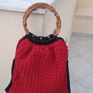 Πλεκτή κόκκινη τσάντα με ξύλινα μπαμπού χερούλια - νήμα, all day, χειρός, tote, πλεκτές τσάντες - 3