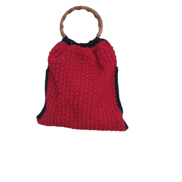 Πλεκτή κόκκινη τσάντα με ξύλινα μπαμπού χερούλια - νήμα, all day, χειρός, tote, πλεκτές τσάντες - 4
