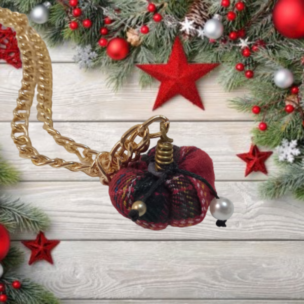 Μακρύ Χριστουγεννιάτικο κολιέ με χειροποίητη mini κολοκύθα κόκκινο καρό - ύφασμα, κοσμήματα, χριστουγεννιάτικα δώρα, κολοκύθα, γούρι 2023 - 3