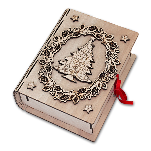 Ξύλινο βιβλίο κουτί με ξύλινα διακοσμητικά στοιχεία Χρόνια Πολλά στεφάνι Χριστουγεννιάτικο Δέντρο - ξύλο, διακοσμητικά