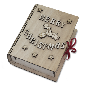 Ξύλινο βιβλίο κουτί με ξύλινα διακοσμητικά στοιχεία Καλά Χριστούγεννα στα αγγλικά γκι καμπανούλα αστεράκια - ξύλο, διακοσμητικά