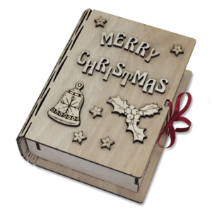 Ξύλινο βιβλίο κουτί με ξύλινα διακοσμητικά στοιχεία Καλά Χριστούγεννα στα αγγλικά γκι καμπανούλα μπάλες αστεράκια - ξύλο, διακοσμητικά