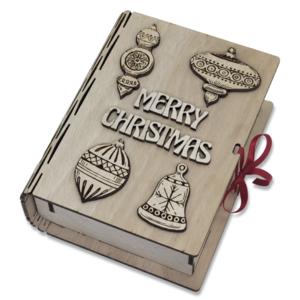 Ξύλινο βιβλίο κουτί με ξύλινα διακοσμητικά στοιχεία Καλά Χριστούγεννα στα αγγλικά γκι καμπανούλα μπάλες αστεράκια - ξύλο, διακοσμητικά - 2