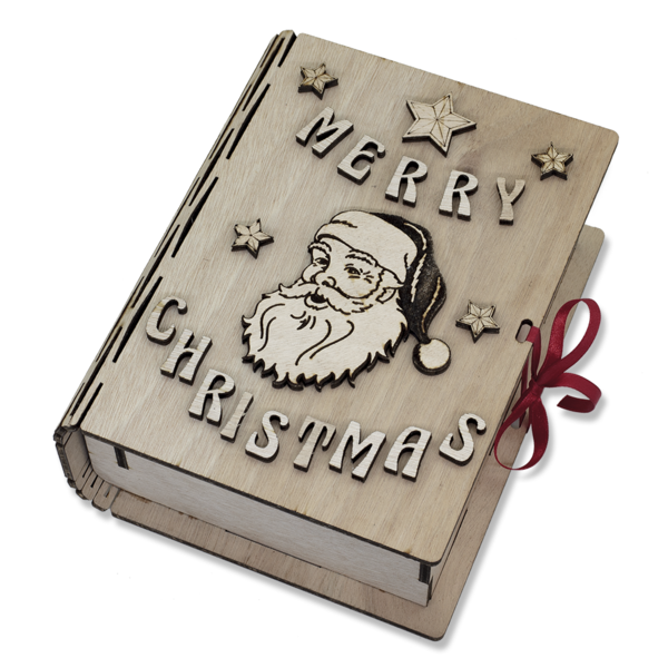 Ξύλινο βιβλίο κουτί με ξύλινα διακοσμητικά στοιχεία Καλά Χριστούγεννα στα αγγλικά γκι ΑϊΒασίλης αστεράκια - ξύλο, διακοσμητικά