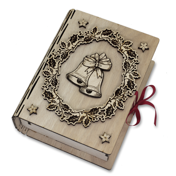 Ξύλινο βιβλίο κουτί με ξύλινα διακοσμητικά στοιχεία Στεφάνι καμπανούλα αστεράκια - ξύλο, διακοσμητικά