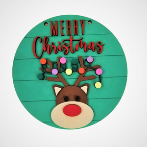 Πινακίδα πολύχρωμη στρογγυλή Merry Christmas με σχέδιο ελαφάκι- 28 εκ - ξύλο, διακοσμητικά