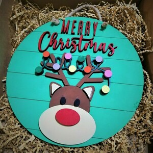 Πινακίδα πολύχρωμη στρογγυλή Merry Christmas με σχέδιο ελαφάκι- 28 εκ - ξύλο, διακοσμητικά - 3