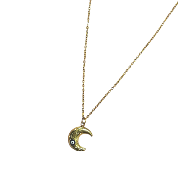 Ατσάλινη επιχρυσωμένη αλυσίδα λαιμού με φεγγάρι και ματάκι. - charms, επιχρυσωμένα, φεγγάρι, κοντά, ατσάλι