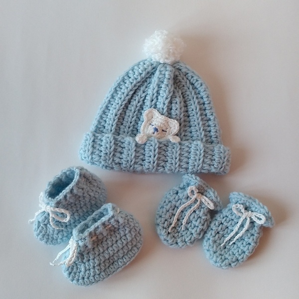 Πλεκτό χειροποίητο σετ από γαλάζιο σκουφάκι, γαντάκια και παπουτσάκια αγκαλιάς για νεογέννητο. - αγόρι, αξεσουάρ μωρού, δώρο γέννησης, βρεφικά ρούχα - 2