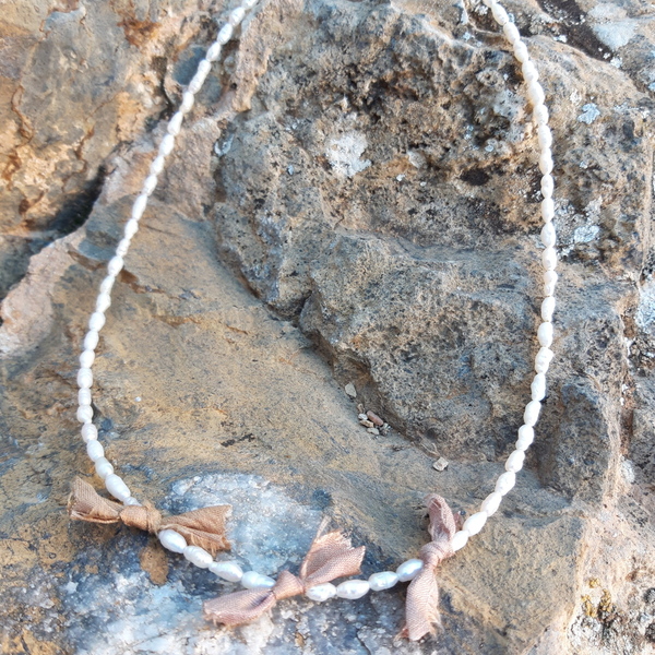 Σετ κολιε και σκουλαρικια με μαργαριταρακια και μεταξωτη κορδελα - ημιπολύτιμες πέτρες, μαργαριτάρι, ατσάλι, σετ κοσμημάτων - 4