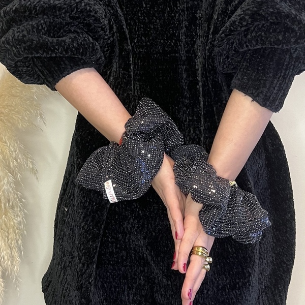 Scrunchie Black Sparkle - ύφασμα, κορίτσι, λαστιχάκια μαλλιών, μεγάλα scrunchies - 5