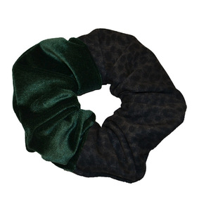 Fluffy Scrunchie διπλό πράσινο-λεοπάρ - ύφασμα, animal print, βελούδο, λαστιχάκια μαλλιών