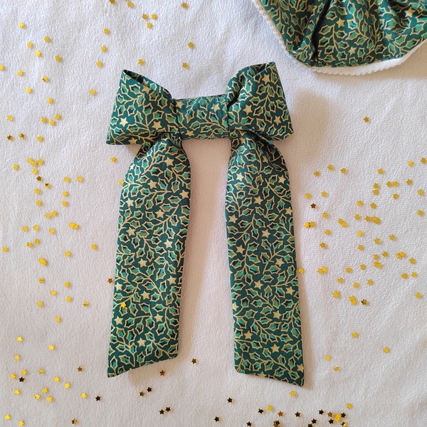 Χειροποίητος υφασμάτινος βαμβακερος φιογκος πράσινος με αστέρια με μπαρετα 1τμχ 18 με 23εκατοστά - φιόγκος, ιδεά για δώρο, αξεσουάρ μαλλιών, hair clips - 4
