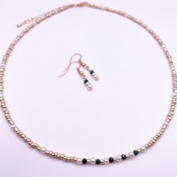 Gold & Cute- Set κολιέ και σκουλαρίκια - ημιπολύτιμες πέτρες, ατσάλι, πέρλες, seed beads, σετ κοσμημάτων - 5