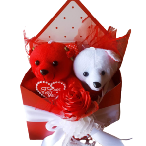 Φάκελος κόκκινος με λούτρινα αρκουδάκια και τριαντάφυλλο κόκκινο από σατεν κορδέλα 29,5x20x7cm - ύφασμα, χαρτί, διακοσμητικά, αγ. βαλεντίνου, δωρο για επέτειο