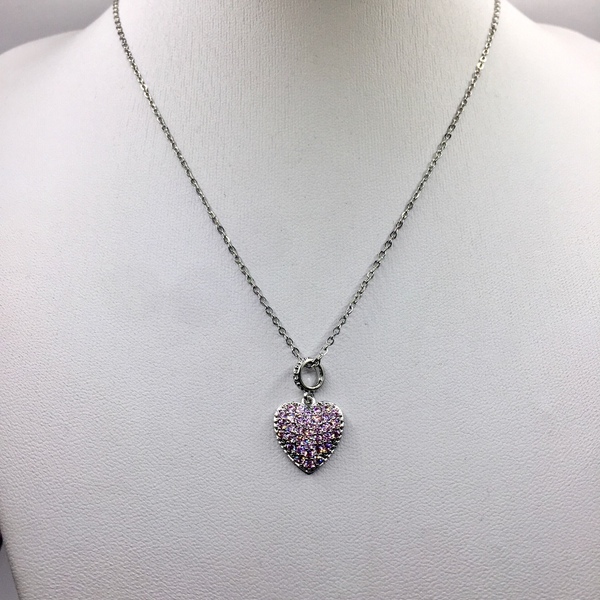Γυναικείο κολιέ με σχέδιο καρδιά διακοσμημένη με ροζ στρας από ατσάλι - καρδιά, μέταλλο, ατσάλι, κοσμήματα, αγ. βαλεντίνου - 3
