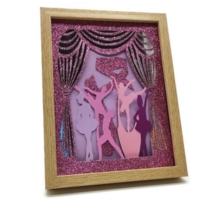 Φωτιζόμενο 3D κάδρο (shadow box) ροζ μπαλαρίνες - χαρτί, διακοσμητικά, κορνίζες - 4