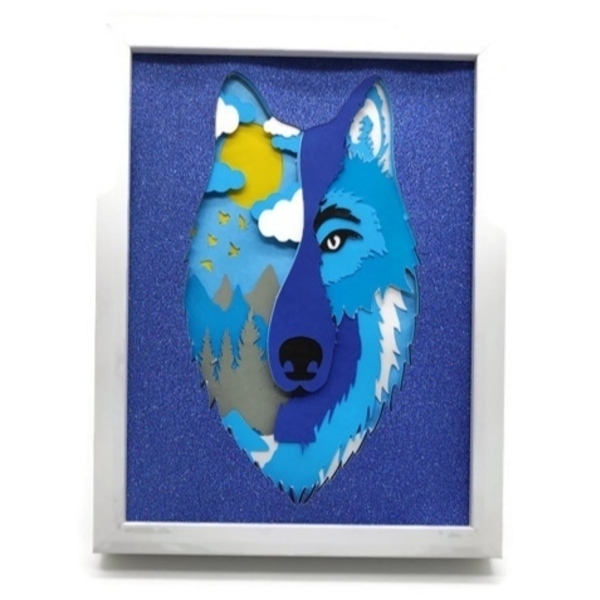 Φωτιζόμενο 3D κάδρο (shadow box) λύκος - χαρτί, διακοσμητικά, κορνίζες - 3