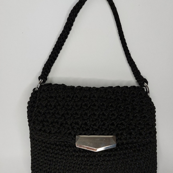 Χειροποίητη μαύρη πλεκτή τσάντα με ασημί λεπτομέρειες - νήμα, all day, χειρός, πλεκτές τσάντες, μικρές