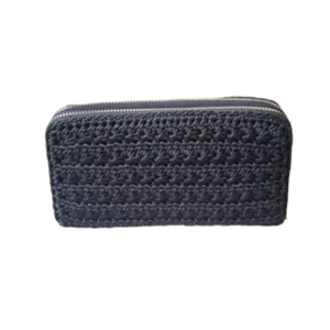 Μαύρο πλεκτό πορτοφόλι με διπλό φερμουάρ - δέρμα, νήμα, πορτοφόλια