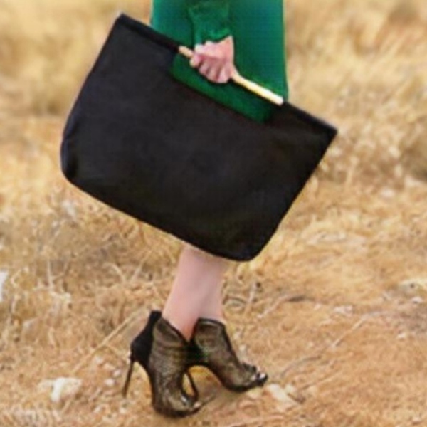 Γυναικεία χειροποίητη τσάντα. Από Σουετ Ύφασμα Μαύρο και ξύλινο χερούλι. Anifantou - μεγάλες, all day, φελλός, χειρός - 3