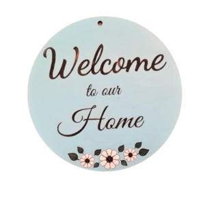Ξύλινη στρογγυλή, χρωματιστή επιγραφή welcome to our home, -25 εκ - διακοσμητικά