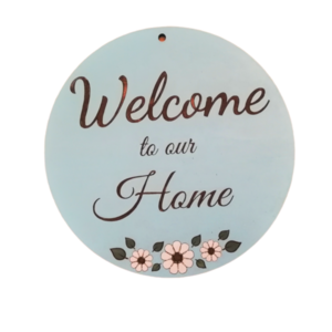 Ξύλινη στρογγυλή, χρωματιστή επιγραφή welcome to our home, -25 εκ - διακοσμητικά - 2
