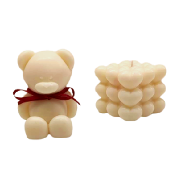 Teddy Bear/Heart Cube-Love Bundle-Λευκό - ύφασμα, κερί, αρωματικά κεριά, σετ δώρου