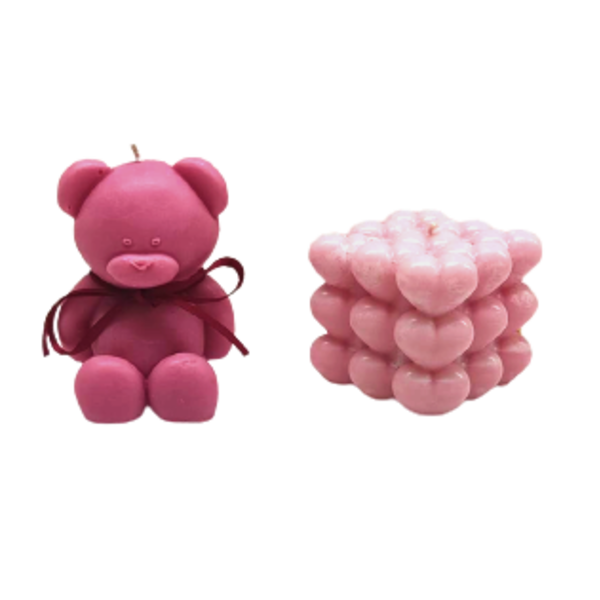 Teddy Bear/Heart Cube-Love Bundle-Ροζ - ύφασμα, κερί, αρωματικά κεριά, σετ δώρου