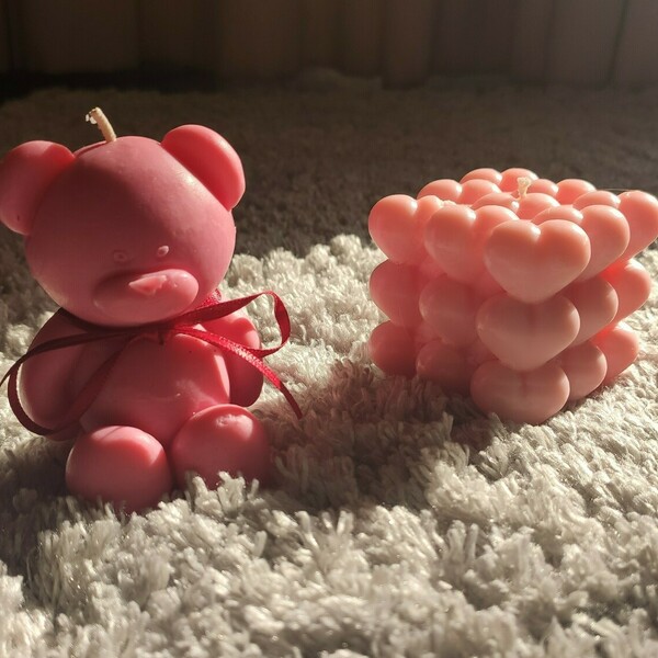 Teddy Bear/Heart Cube-Love Bundle-Ροζ - ύφασμα, κερί, αρωματικά κεριά, σετ δώρου - 2