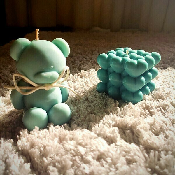 Teddy Bear/Heart Cube-Love Bundle-Γαλάζιο - ύφασμα, κερί, αρωματικά κεριά, σετ δώρου - 2