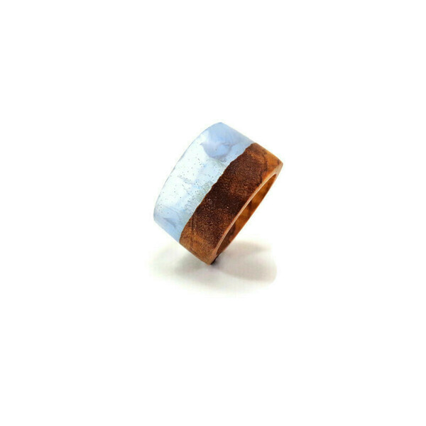 Δαχτυλίδι απο Υγρό Γυαλί και Ξύλο σε Γαλάζιο - ξύλο, γυαλί, boho, σταθερά, μεγάλα