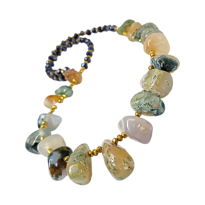 Κολιέ γυναικείο με με φυσικές πέτρες αχάτη και κρύσταλλα - ημιπολύτιμες πέτρες, επιχρυσωμένα, χάντρες - 3