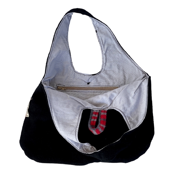 Χειροποίητη υφασμάτινη τσάντα χειρός από μαύρο μάλλινο ύφασμα - μαλλί, ύφασμα, χειροποίητα, χειρός - 4