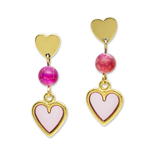 "Eros" | Κρεμαστά σκουλαρίκια με μεταλλικό μοτίφ καρδιά ροζ - ημιπολύτιμες πέτρες, χάντρες, ατσάλι, κρεμαστά, αγ. βαλεντίνου