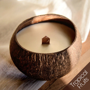 Κερί Σόγιας με ξύλινο φυτίλι σε φυσικό κέλυφος καρύδας και με άρωμα τροπικά φρούτα - κεριά, κεριά & κηροπήγια, vegan κεριά - 2