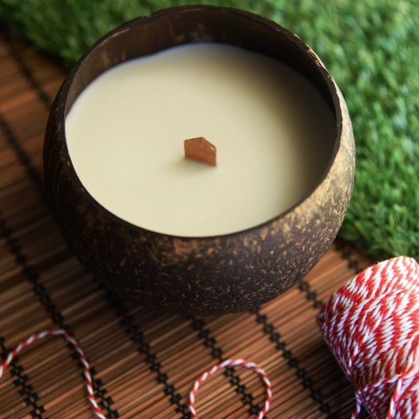 Κερί Σόγιας με ξύλινο φυτίλι σε φυσικό κέλυφος καρύδας και με άρωμα τροπικά φρούτα - κεριά, κεριά & κηροπήγια, vegan κεριά - 3