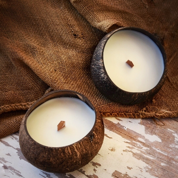 Κερί Σόγιας με ξύλινο φυτίλι σε φυσικό κέλυφος καρύδας και με άρωμα τροπικά φρούτα - κεριά, κεριά & κηροπήγια, vegan κεριά - 4