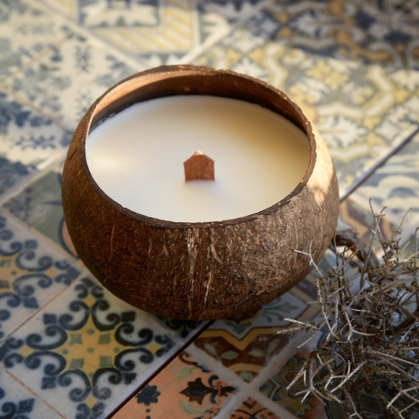 Κερί Σόγιας με ξύλινο φυτίλι σε φυσικό κέλυφος καρύδας και με άρωμα τροπικά φρούτα - κεριά, κεριά & κηροπήγια, vegan κεριά - 5