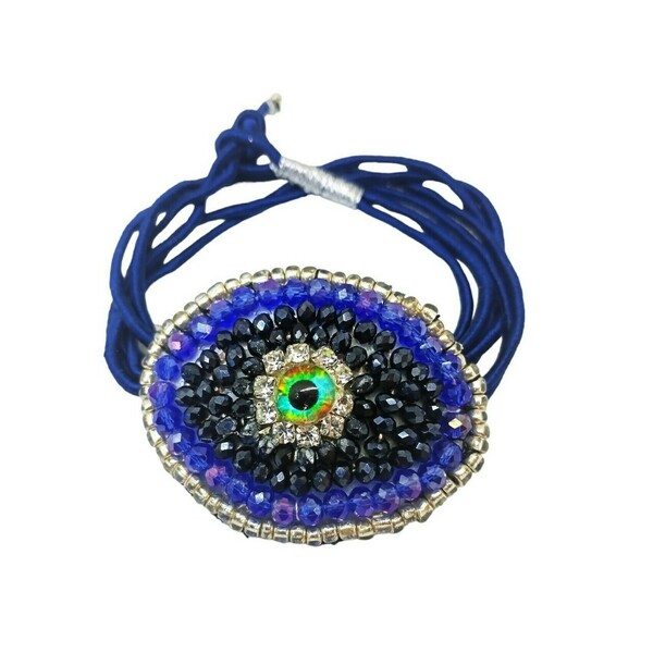 Βραχιόλι μάτι γυναικείο με μπλε κρύσταλλα - ύφασμα, γυαλί, μάτι, boho, χεριού