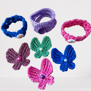 Πλεκτές καρφίτσες και βραχιολάκια - κορίτσι, crochet, αναμνηστικά, party