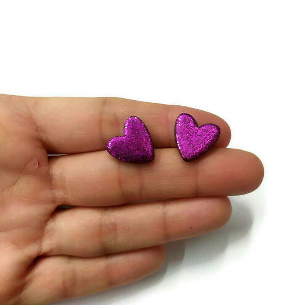 Purple hearts - Σκουλαρίκια καρδιές από πηλό με μωβ γκλίτερ - καρδιά, πηλός, καρφωτά, ατσάλι, κοσμήματα - 3