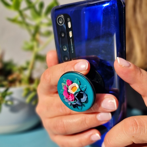 Χειροποιητο pop holder για το κινητό σας, διακοσμημένο με λουλούδια από πολυμερικό πηλό - θήκες - 4