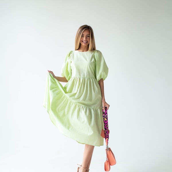 ανοιχτό πράσινο φορεμα - βαμβάκι, midi, καρό, γάμου - βάπτισης - 4