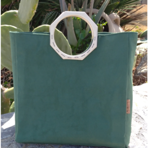 Γυναικεία τσάντα από σουέτ πράσινο με ξύλινο οκτάγωνο χερούλι. Anifantou - ύφασμα, μεγάλες, all day, χειρός, tote - 2