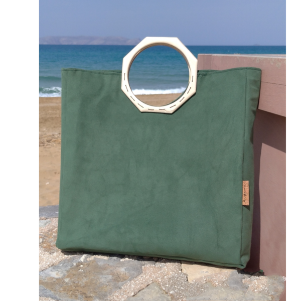 Γυναικεία τσάντα από σουέτ πράσινο με ξύλινο οκτάγωνο χερούλι. Anifantou - ύφασμα, μεγάλες, all day, χειρός, tote - 3