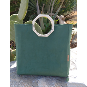 Γυναικεία τσάντα από σουέτ πράσινο με ξύλινο οκτάγωνο χερούλι. Anifantou - ύφασμα, μεγάλες, all day, χειρός, tote - 4