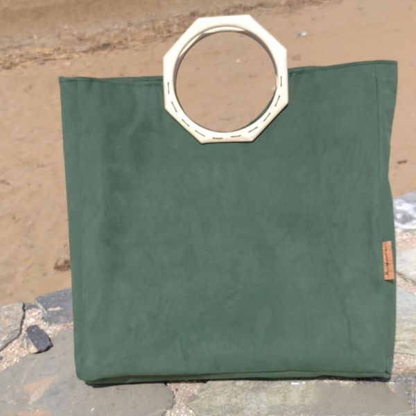 Γυναικεία τσάντα από σουέτ πράσινο με ξύλινο οκτάγωνο χερούλι. Anifantou - ύφασμα, μεγάλες, all day, χειρός, tote - 5