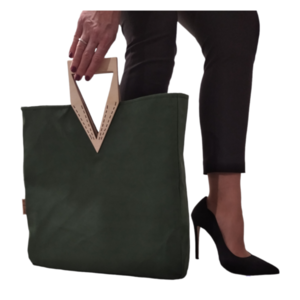 Γυναικεία χειροποίητη σουετ πράσινη τσάντα. Με ξύλινο χερούλι. Anifantou - ύφασμα, μεγάλες, all day, χειρός, tote