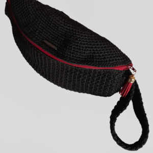 Πλεκτή μαύρη τσάντα μέσης (Belt Bag) - νήμα, φάκελοι, all day, πλεκτές τσάντες, μέσης